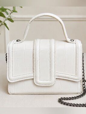 Zara White Croc Embossed Mini Top Handle Crossbody Bag Chain Strap